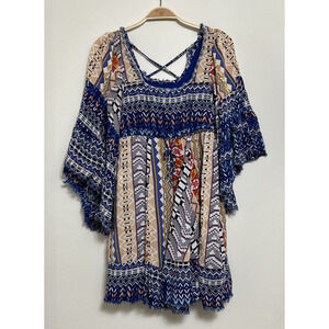 Freeway Mini Dress Womens Small Blue Aztec Bohemian Flutter Sleeve Raw Hem